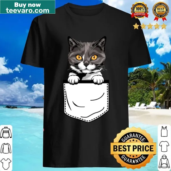 Shirt featuring a cute British Shorthair cat illustration in a pocket