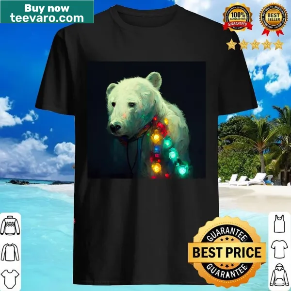 Illustration of a polar bear in a scarf with Christmas lights