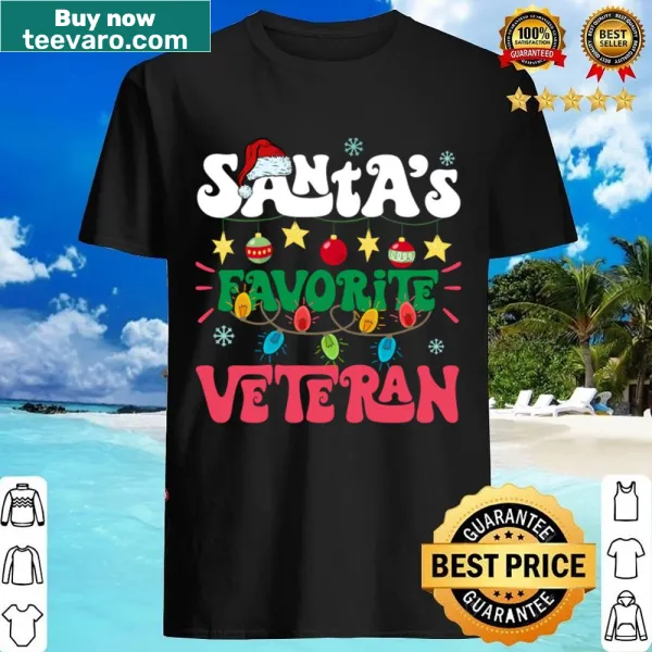 Veteran shirt with Santa hat and Christmas lights illustration.