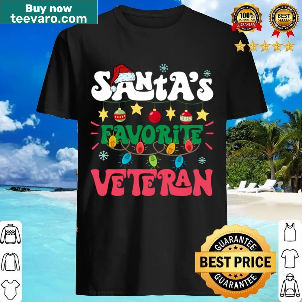 Veteran shirt with Santa hat and Christmas lights illustration.