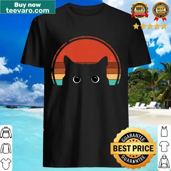 Vintage graphic of a black cat peeking at sunset