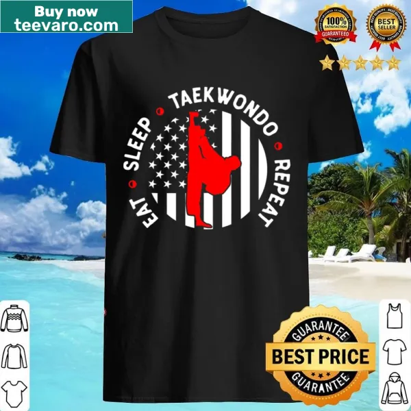 Retro-themed shirt with 'Eat Sleep Taekwondo Repeat' text