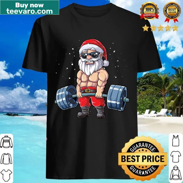 Fitness-themed Christmas shirt featuring Santa deadlifting graphic