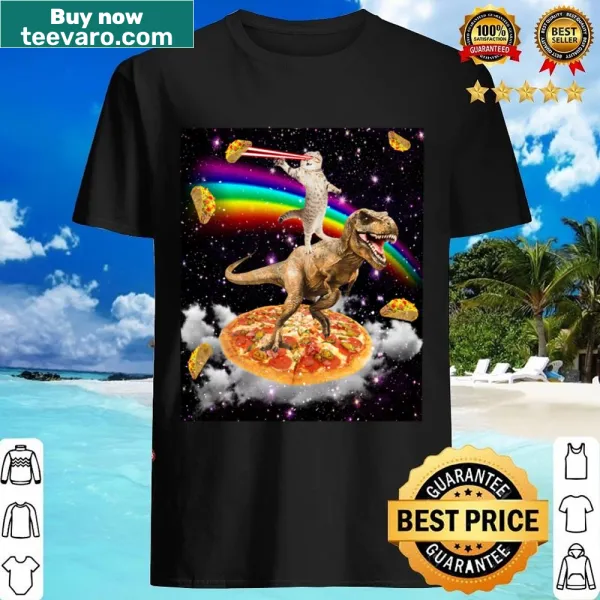 Whimsical graphic of a cat on a dinosaur on pizza with tacos