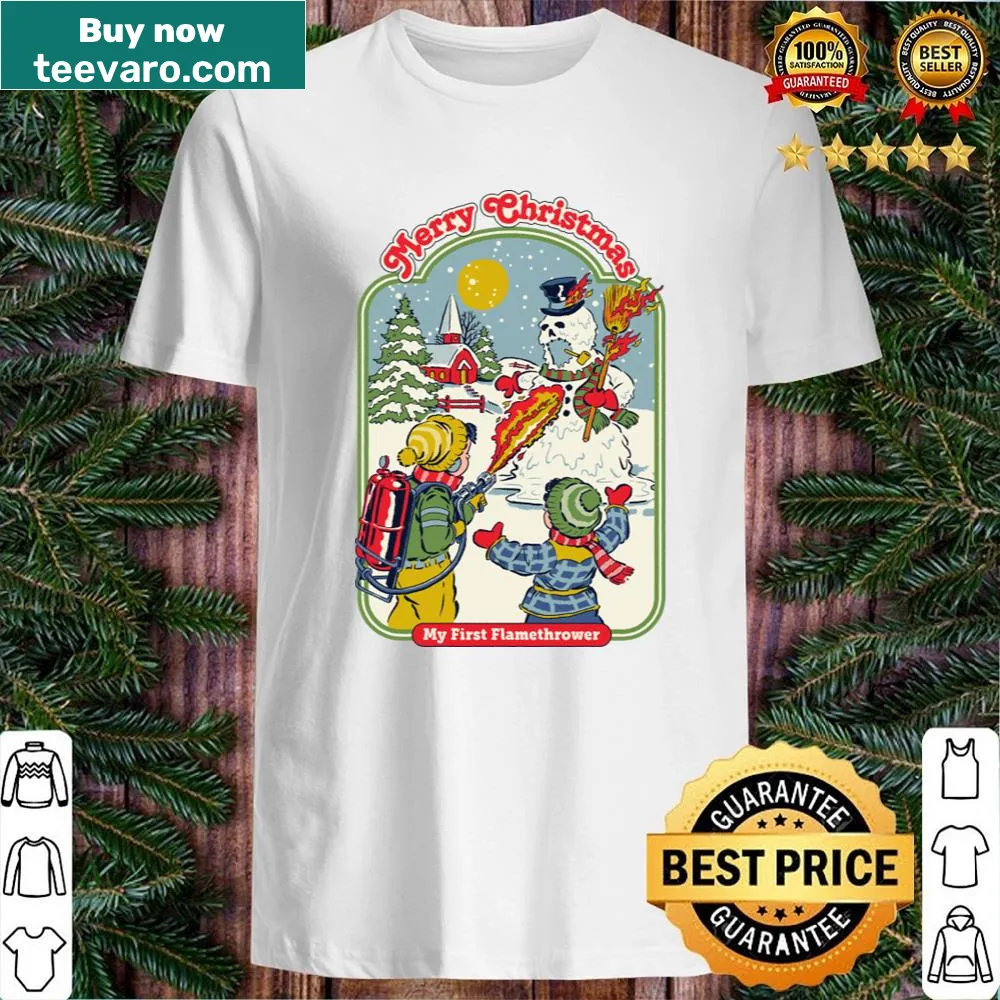 Funny shirt featuring the phrase 'My First Flamethrower' with playful graphic