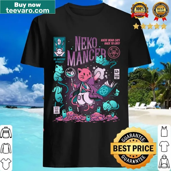 Nekomancer shirt with whimsical cat wizard illustration