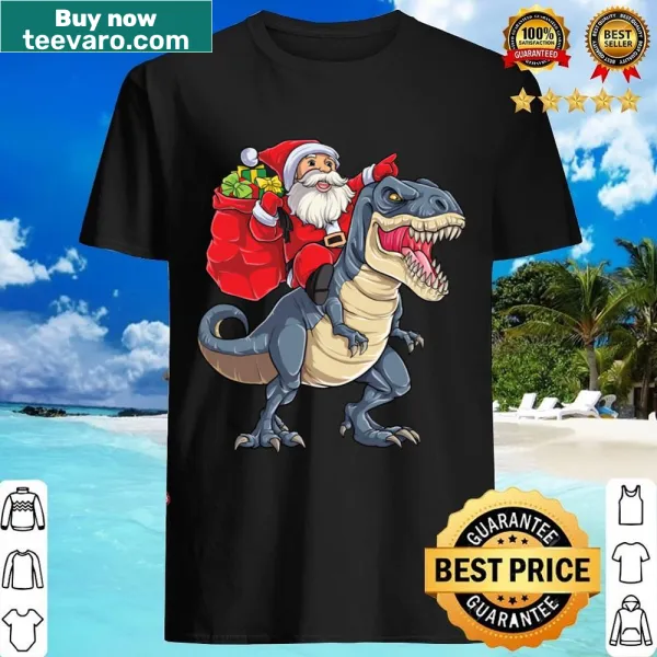Cartoon Santa riding a dinosaur T-Rex for kids' Christmas shirt