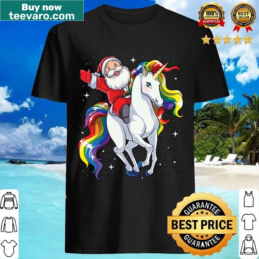 Cartoon Santa riding a unicorn for kids' Christmas shirt