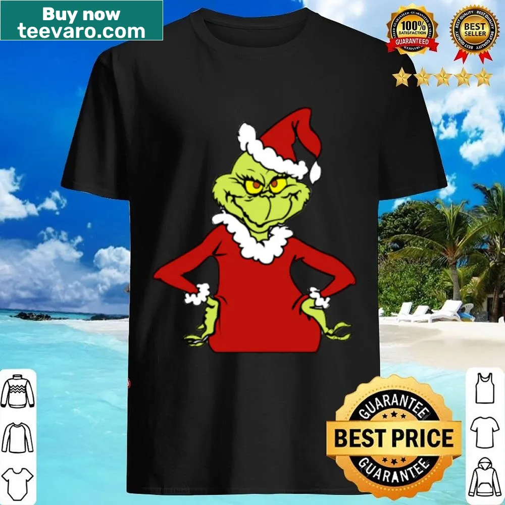 Playful illustration of the Grinch on a festive shirt