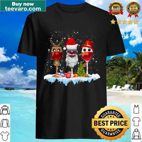 Illustration of three glasses of red wine with Santa hats for Christmas