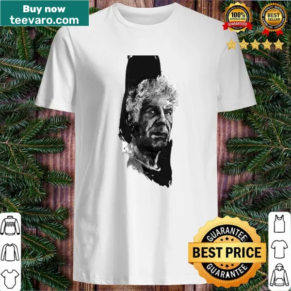 Artistic tribute shirt inspired by Anthony Bourdain's culinary adventures.