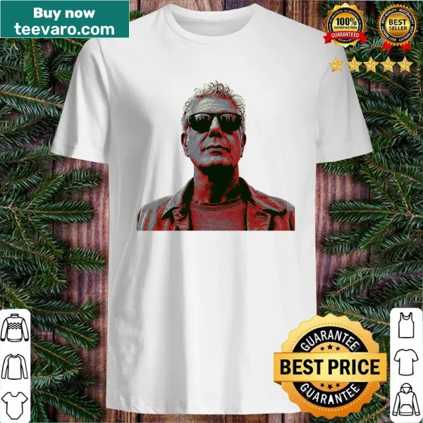 Bold pop art portrait of Anthony Bourdain in a striking graphic design.