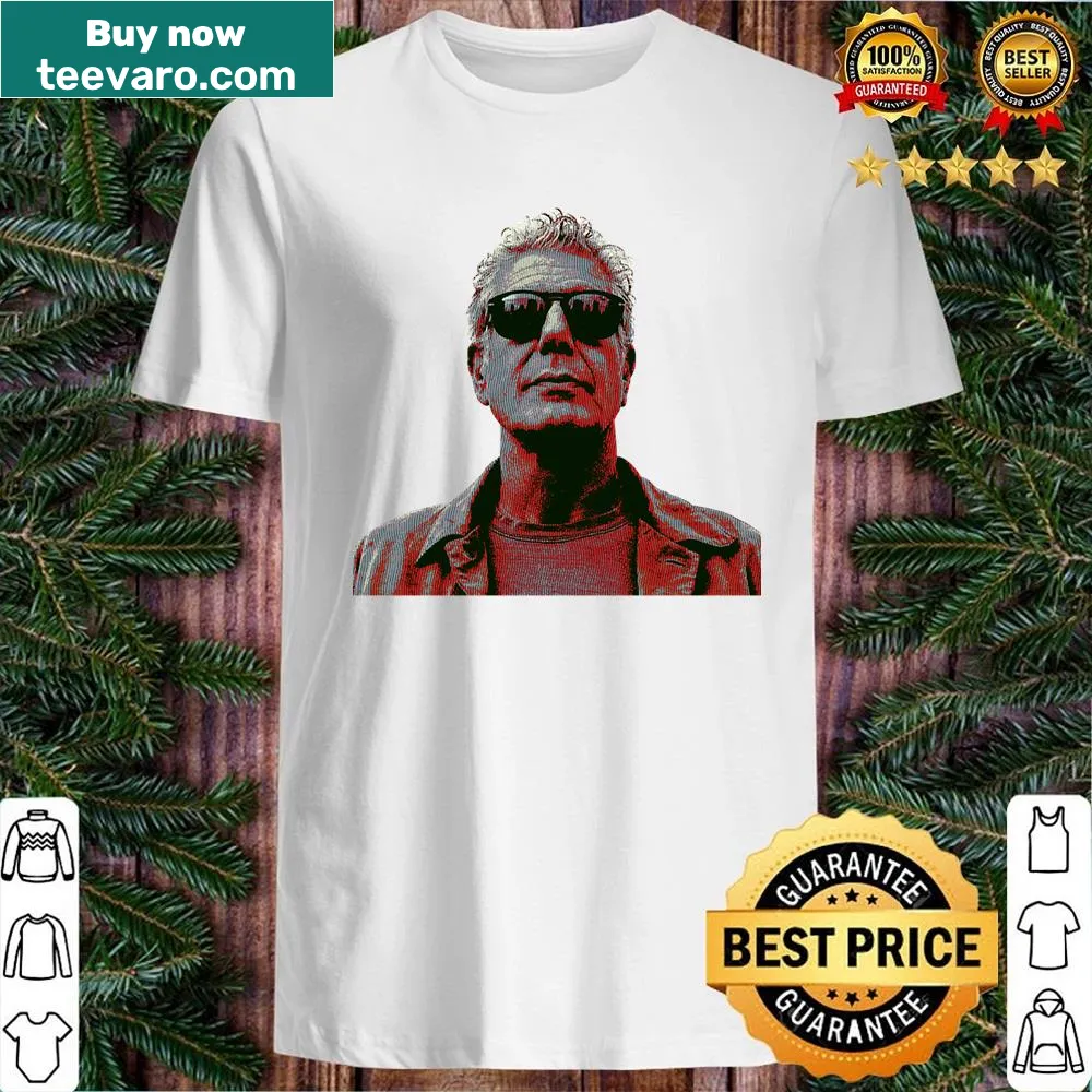 Bold pop art portrait of Anthony Bourdain in a striking graphic design.