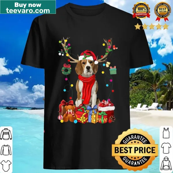 Beagle in reindeer costume with Christmas lights illustration