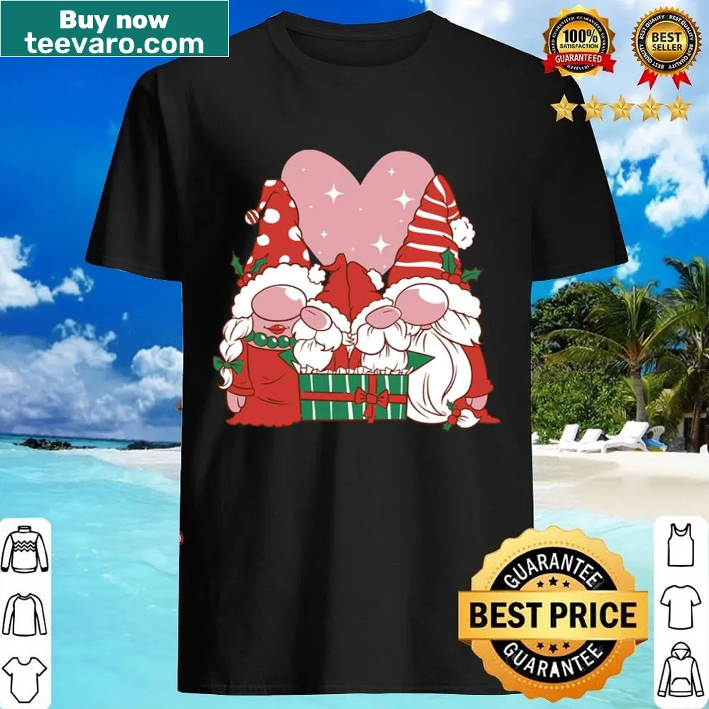 Whimsical shirt featuring a family of gnomes celebrating Christmas together.