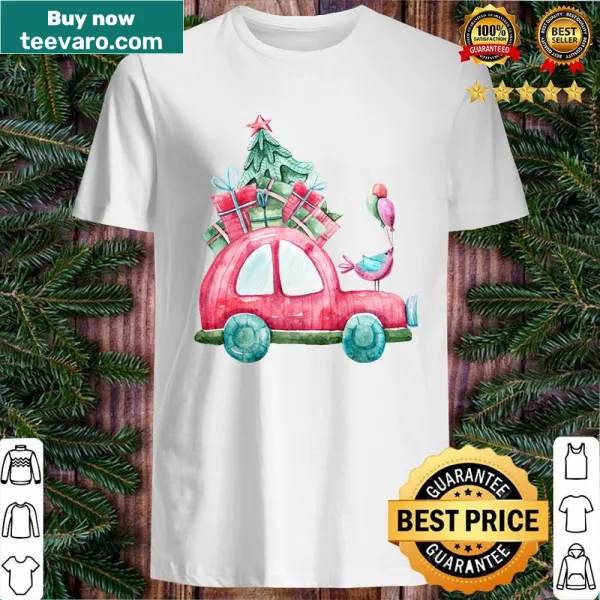 Shirt featuring a digital painting of a red car with gift boxes in a repeat pattern for Christmas.