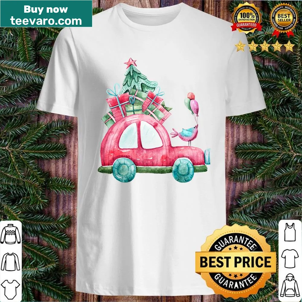 Shirt featuring a digital painting of a red car with gift boxes in a repeat pattern for Christmas.