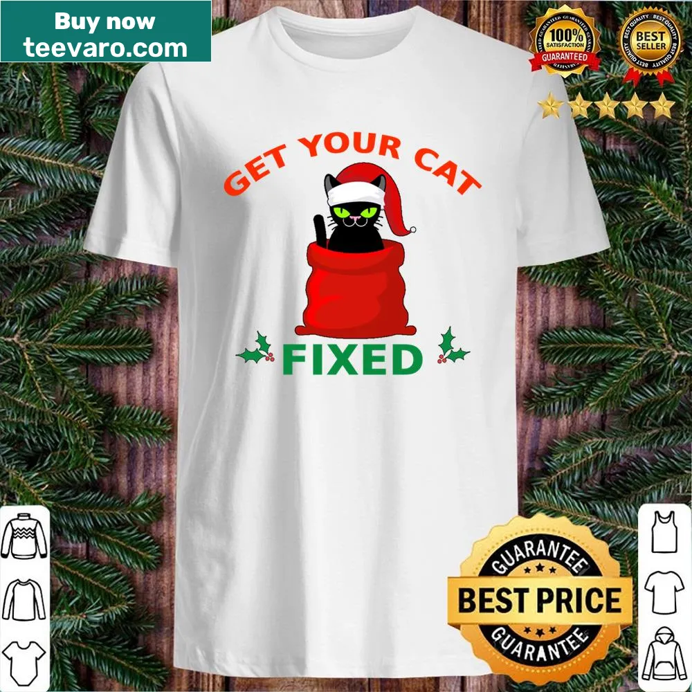 Vintage-style black cat shirt with humorous text about getting cats fixed