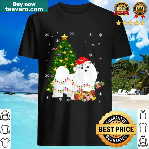 Maltese dog wrapped in Christmas lights graphic on shirt