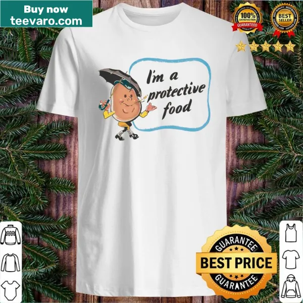 Playful cartoon food characters in protective gear on shirt