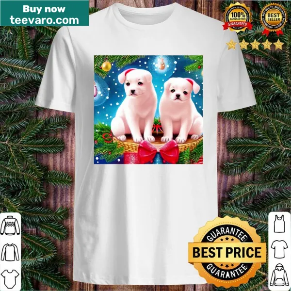 Whimsical Christmas shirt featuring pugs in holiday accessories