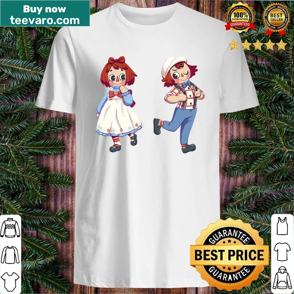 Illustration of Raggedy Ann and Raggedy Andy on shirt
