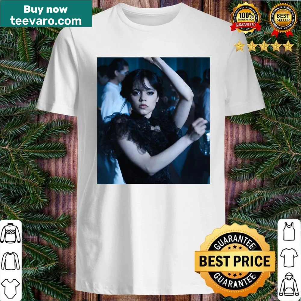 Playful shirt featuring Wednesday Addams dancing at the ball illustration.