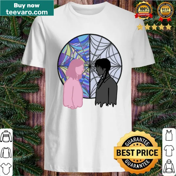 Shirt depicting Wednesday Addams and Enid in a friendly design