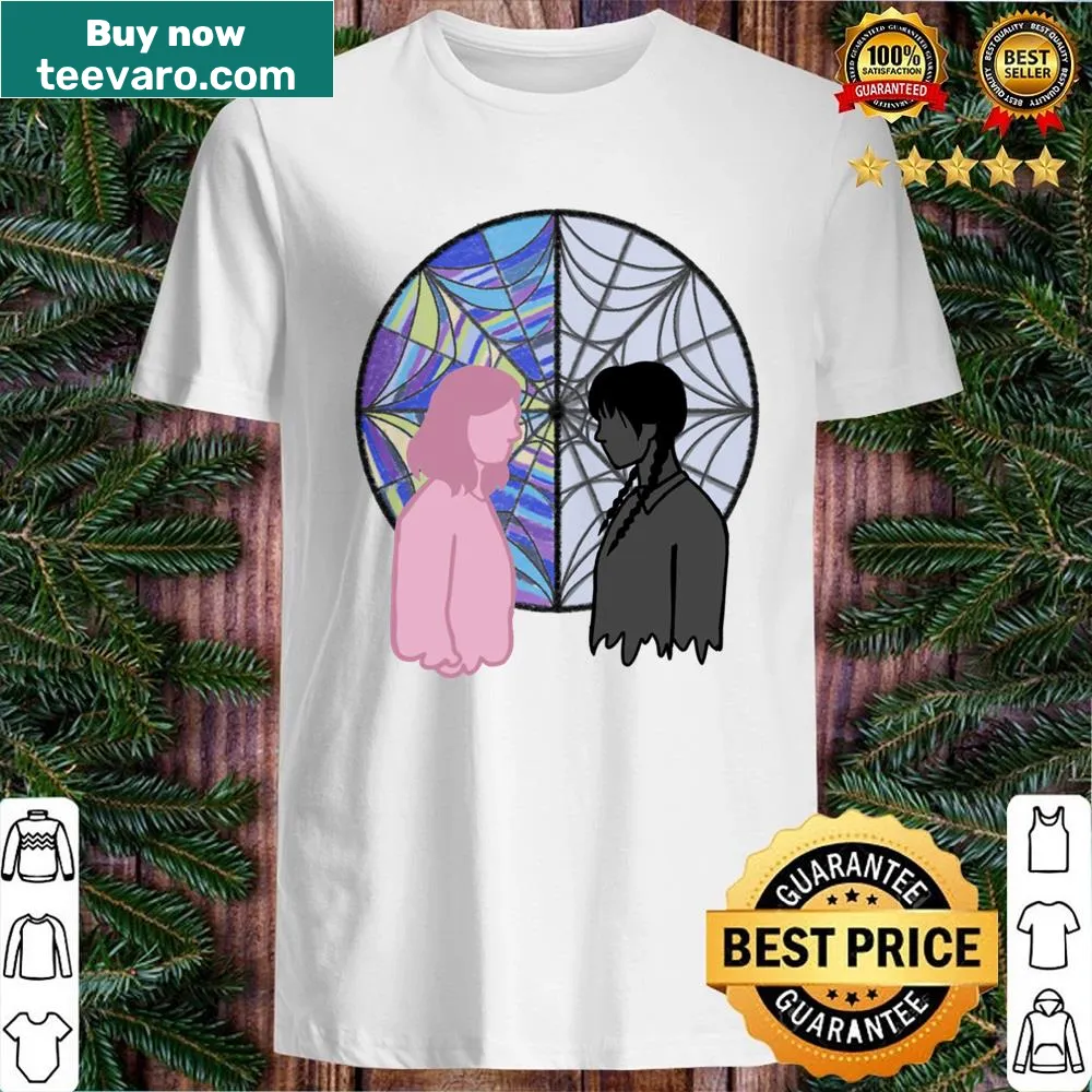 Shirt depicting Wednesday Addams and Enid in a friendly design