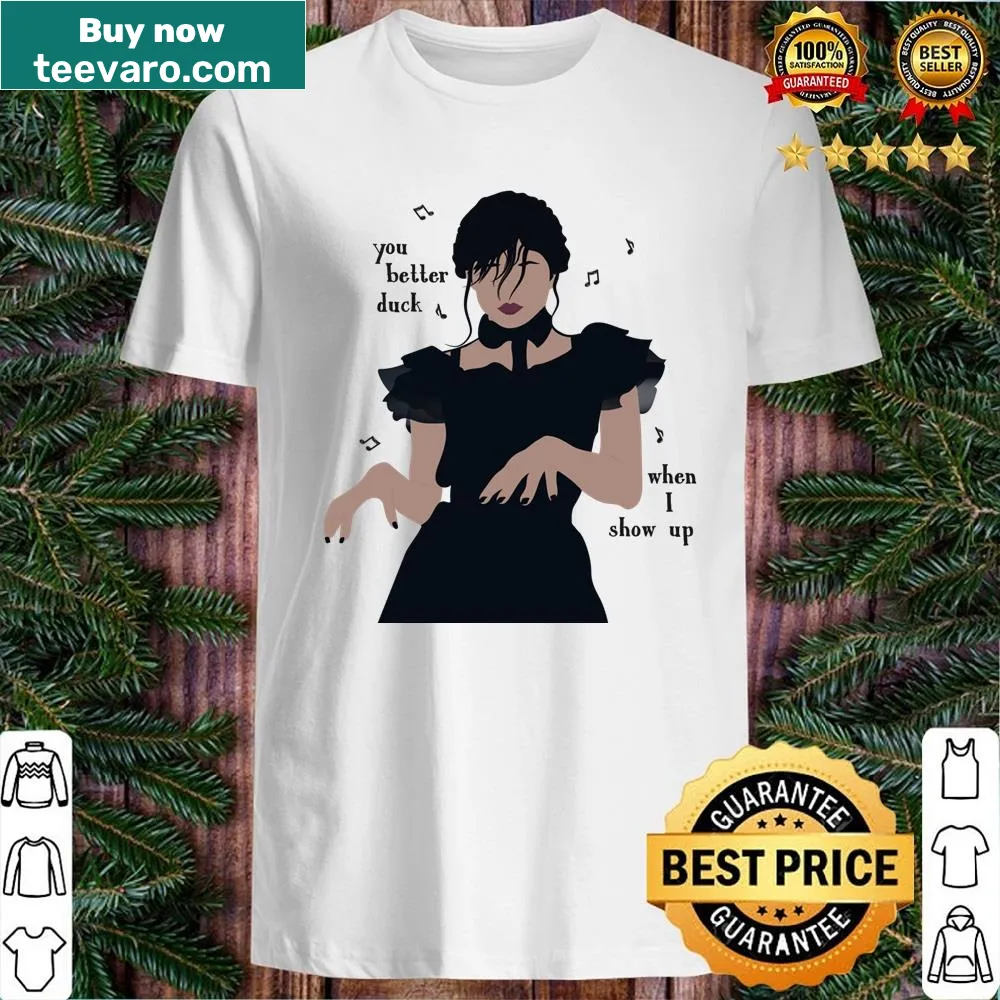 Humorous shirt featuring a dancing Wednesday Addams illustration