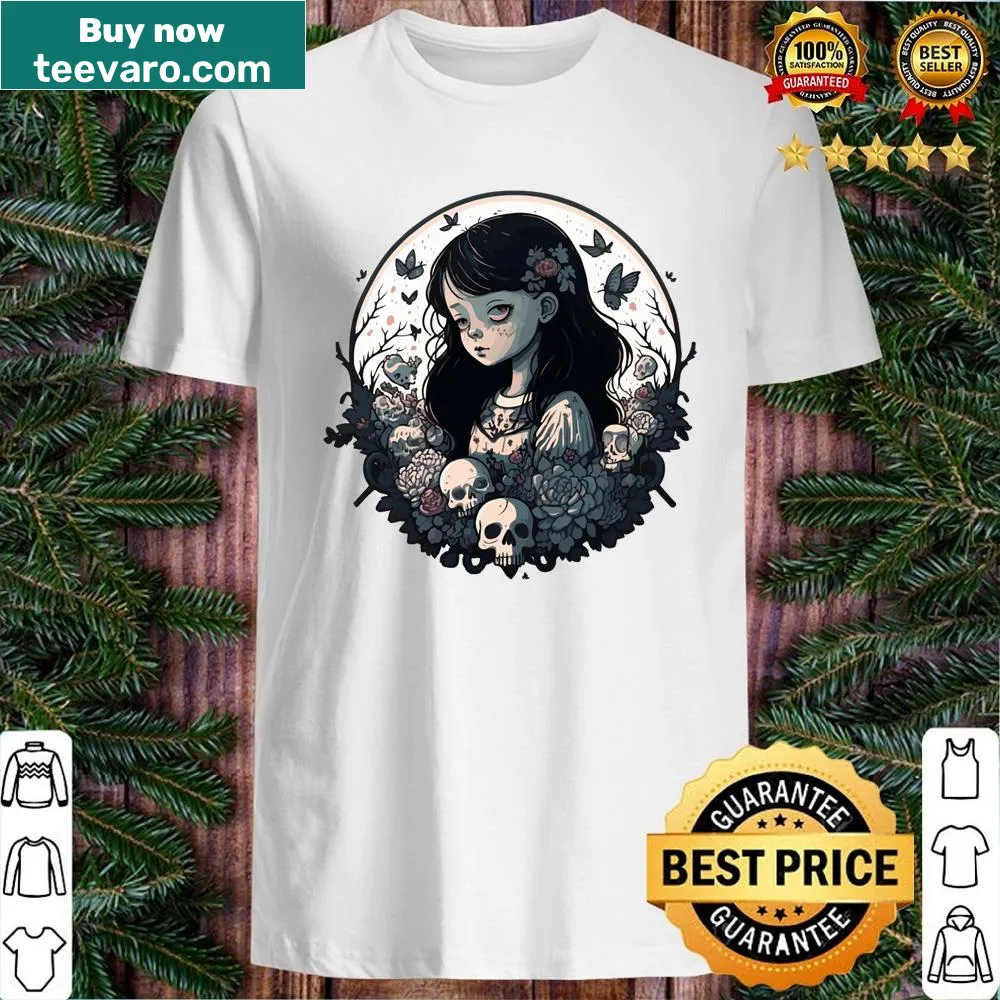 Mysterious girl and skulls line art on a shirt