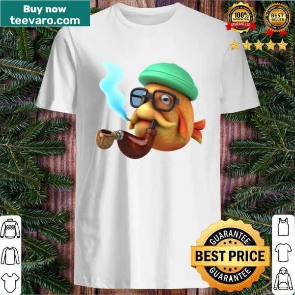 Quirky t-shirt with a cartoon fat goldfish wearing a beanie and glasses