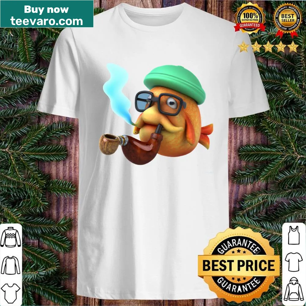 Quirky t-shirt with a cartoon fat goldfish wearing a beanie and glasses