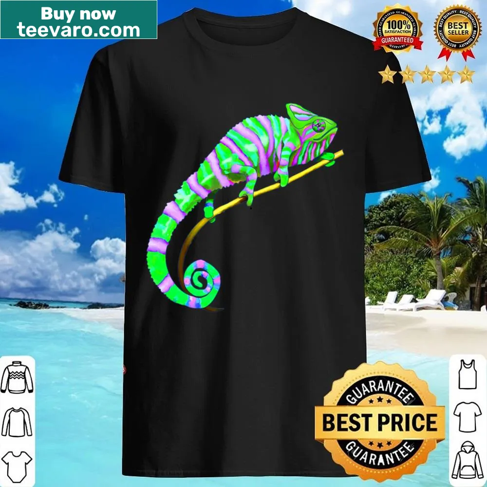 Shirt featuring a colorful chameleon illustration in vibrant design