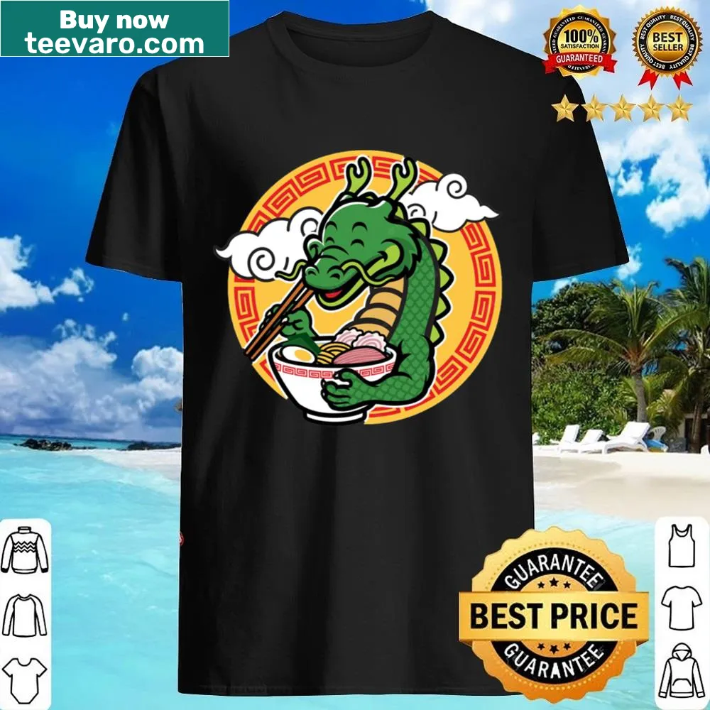 Illustration of a green dragon eating on a shirt