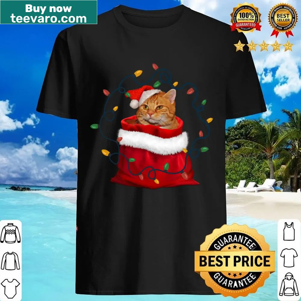 Funny cat-themed Christmas shirt for kids with Santa and tree design