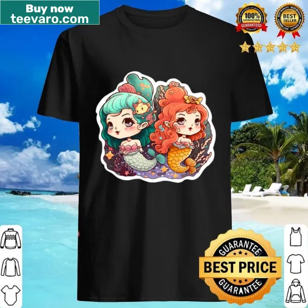 Whimsical shirt featuring two mermaids as friends