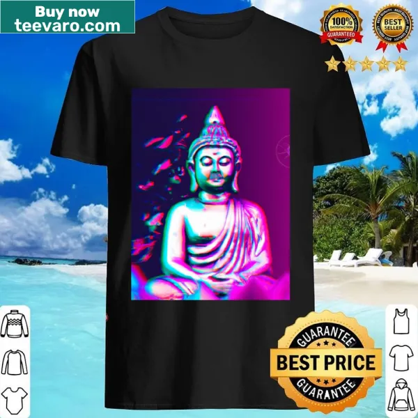 Buddha graphic in synthwave and vaporwave style on T-shirt.