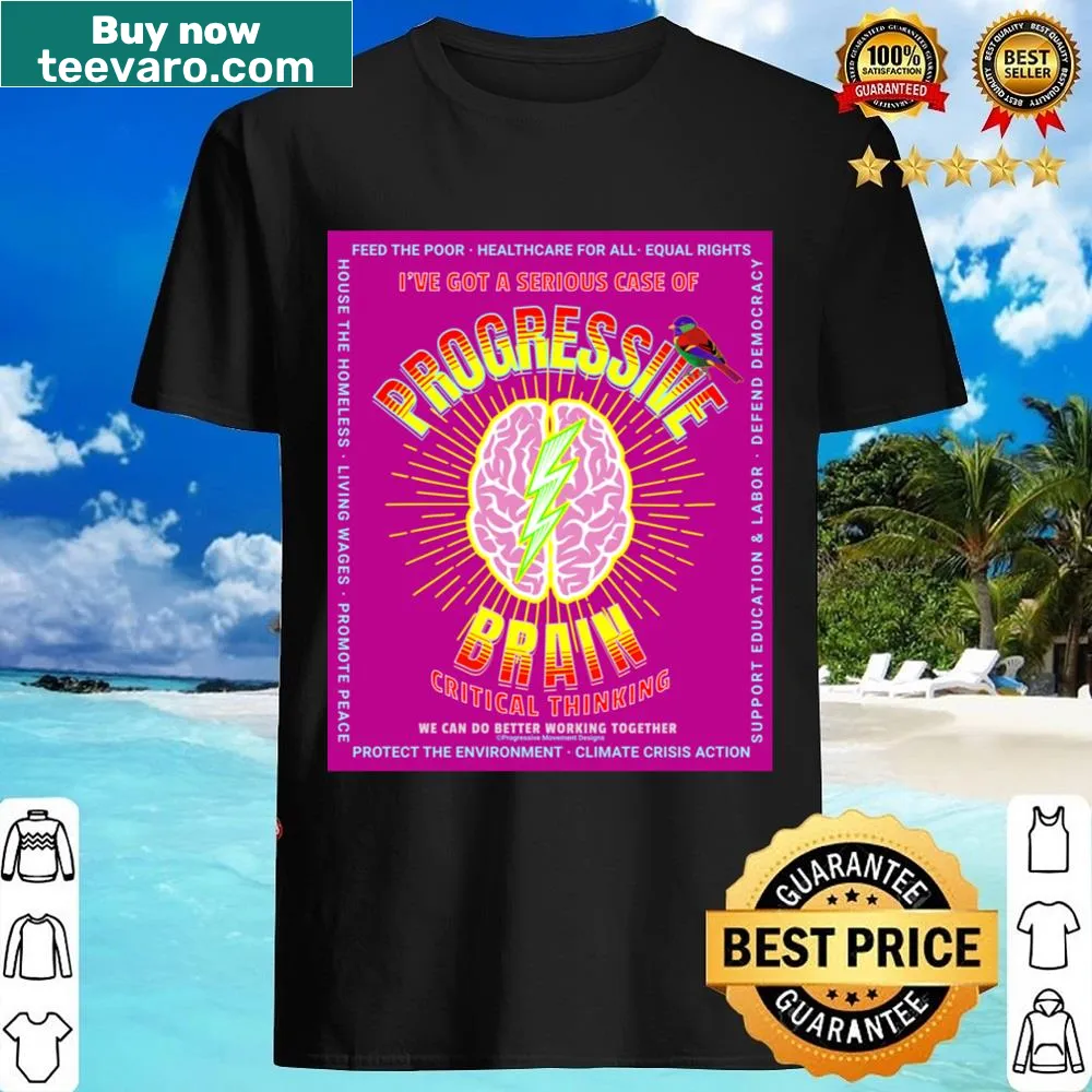 Progressive brain design with rainbow bird on pink shirt.