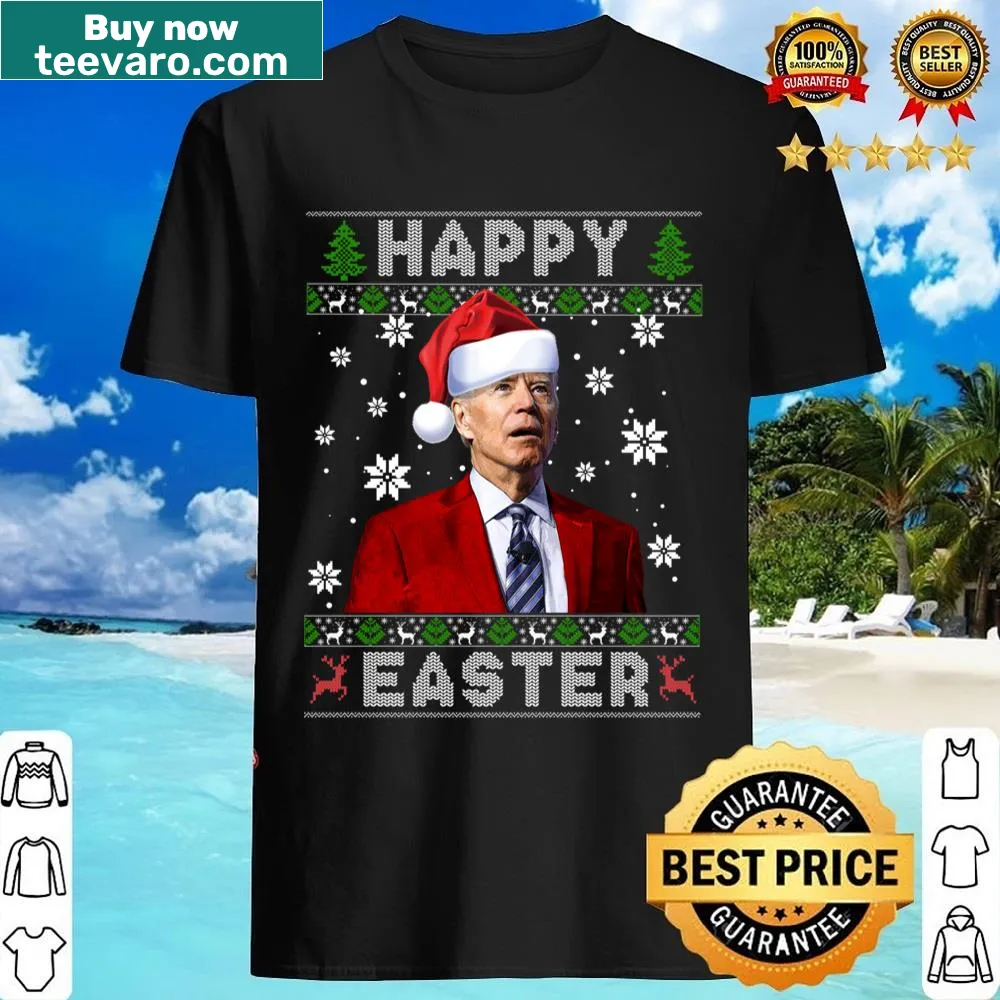Santa Joe Biden smiling amidst Easter eggs graphic