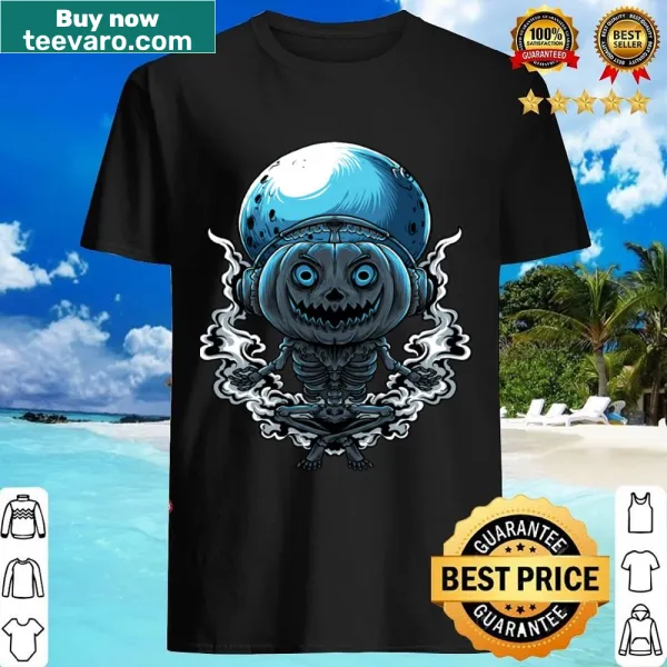 Cartoon skeleton with a pumpkin graphic