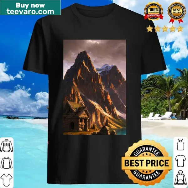 Illustration of a small dwarven temple ruin on a fantasy-themed shirt