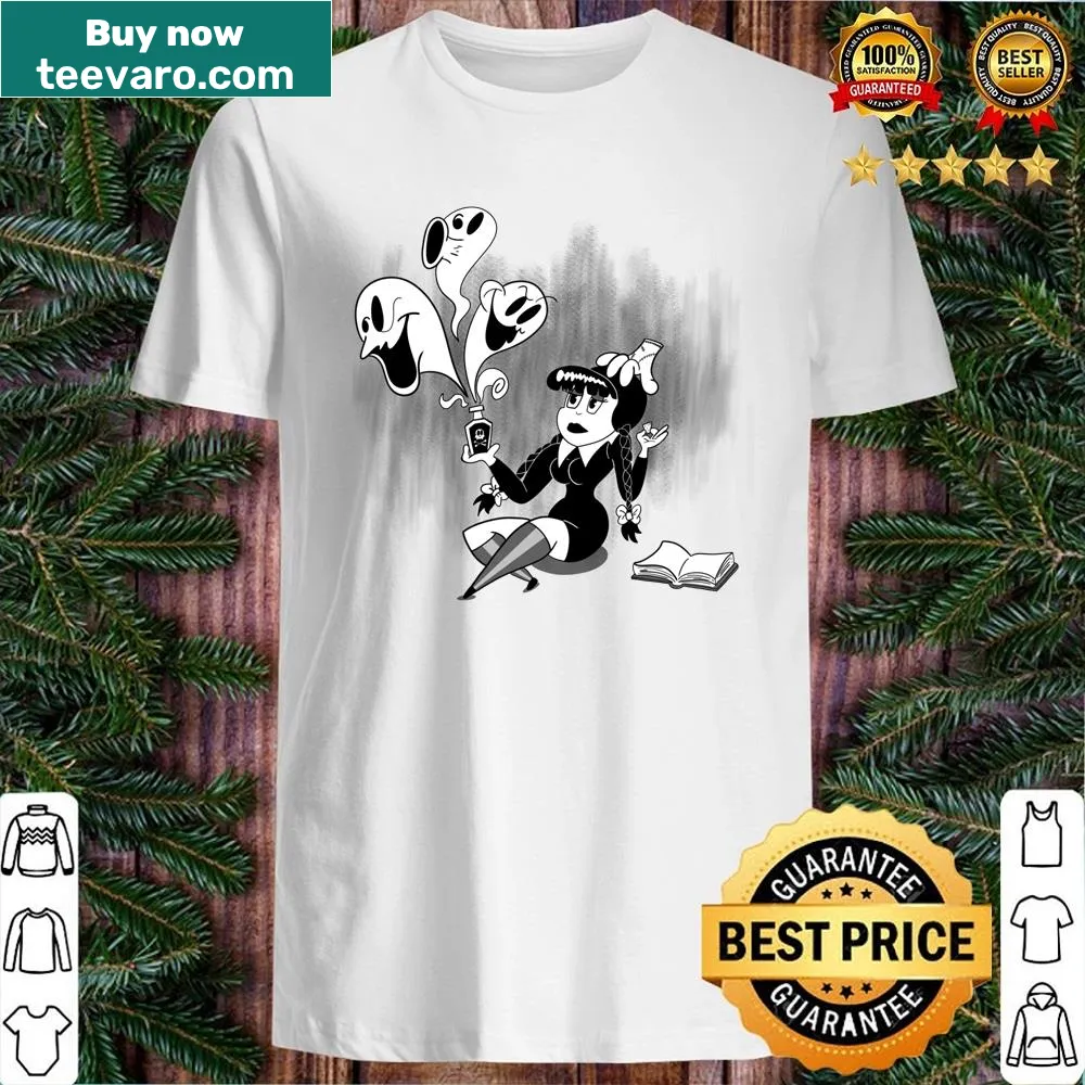 Vintage style shirt featuring playful illustrations of Wednesday Addams