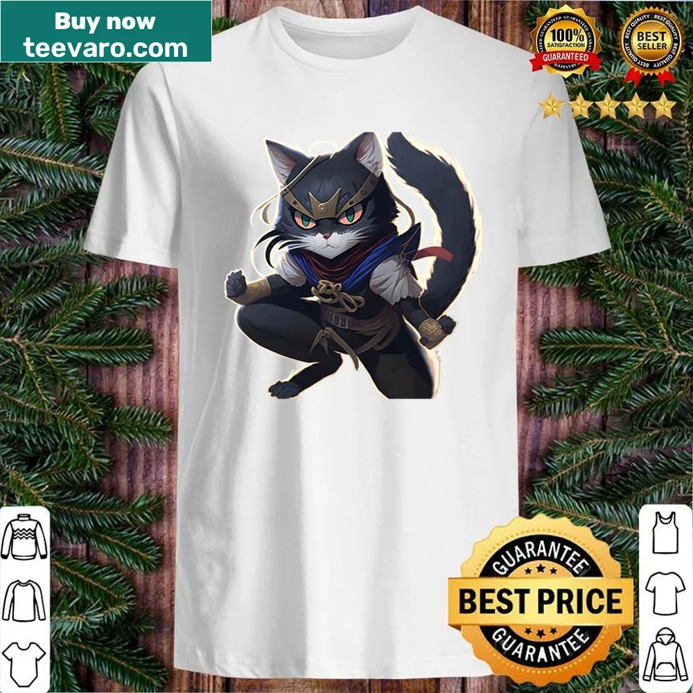 Anime cat ninja samurai graphic t-shirt ready for action