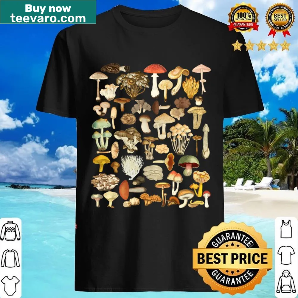 Botanical mushroom shirt featuring various fungi illustrations