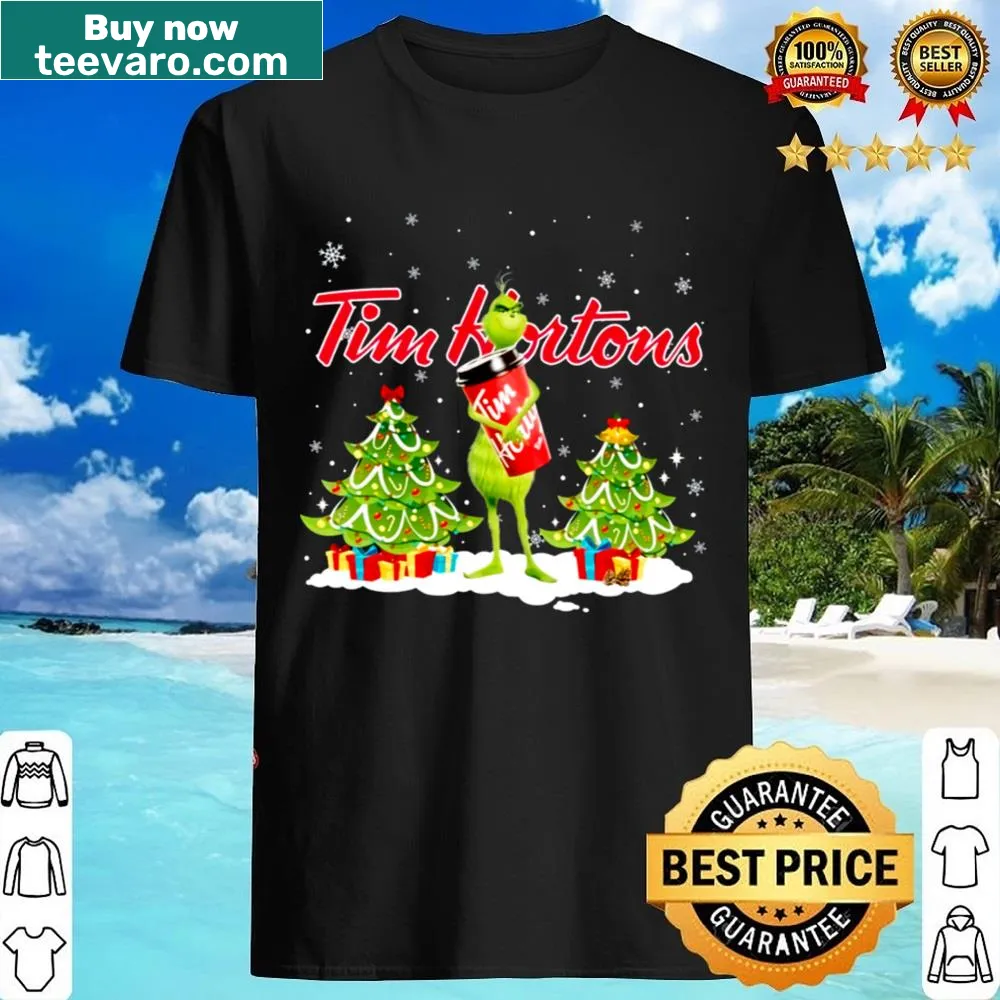 Whimsical Grinch holding a Tim Hortons coffee cup, festive design