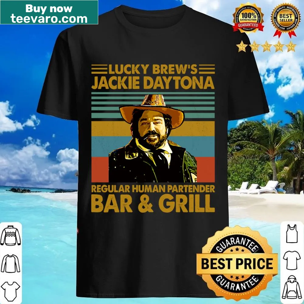 Illustrative shirt featuring Lucky Brew's Jackie Daytona bartender design