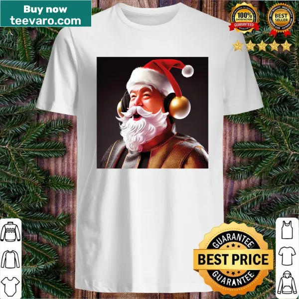 Festive shirt featuring Santa Claus and Christmas-themed graphics.