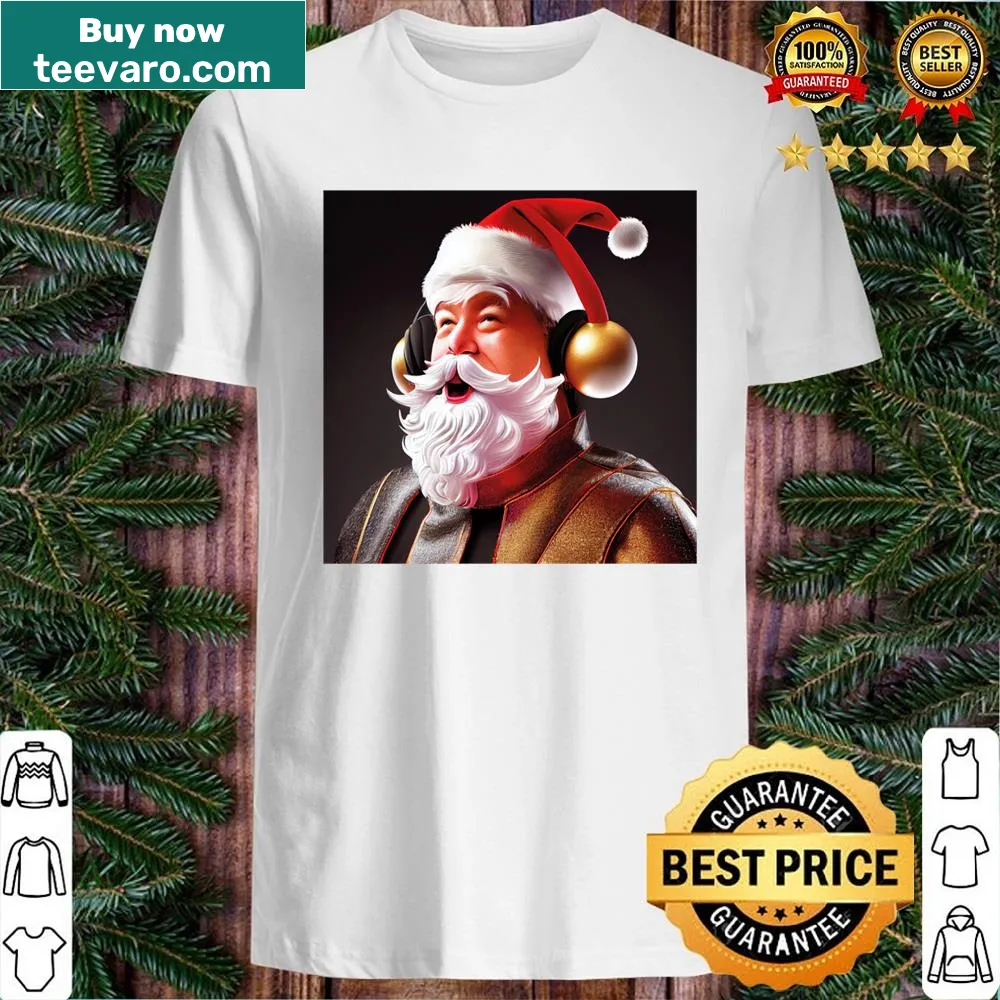 Festive shirt featuring Santa Claus and Christmas-themed graphics.