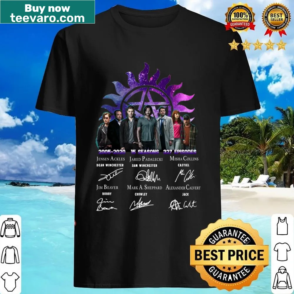 Supernatural tribute shirt with signatures of Dean, Sam, and Castiel